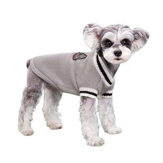 Gray Preppy Style V-Neck Dog Sweater Warm Winter Pet Cloth