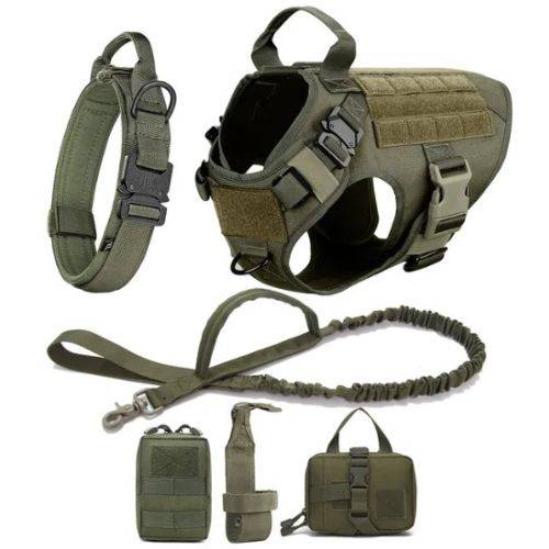 Army Green Durable Nylon Tactical Dog Harness Collar Leash Set