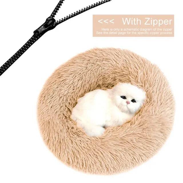 Beige Detachable Dog & Cat Bed With Zipper Round Mat Thicken Plush