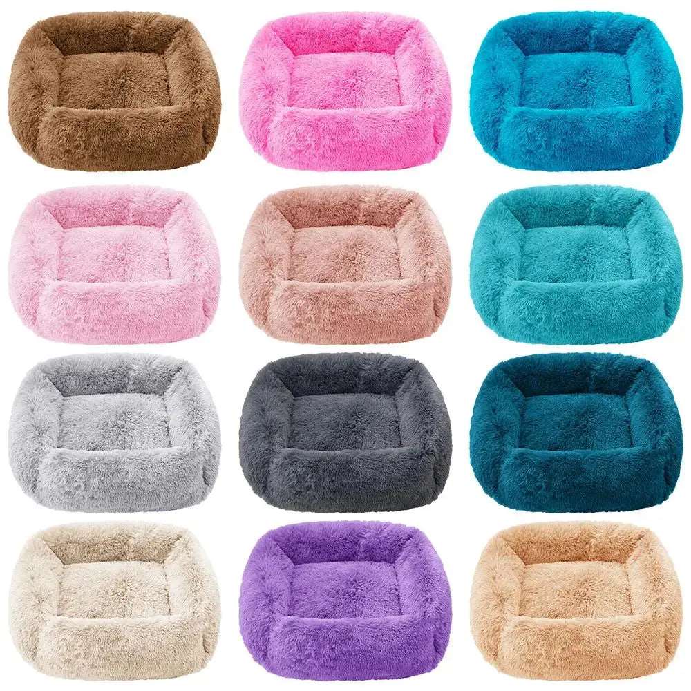 Apricot Fluffy Dog Sofa Bed Square Pet Beds Cat Mat Plush Dogs House Indoor Winter Warm Pet Sleeping Kennel For Small Medium Large Dogs