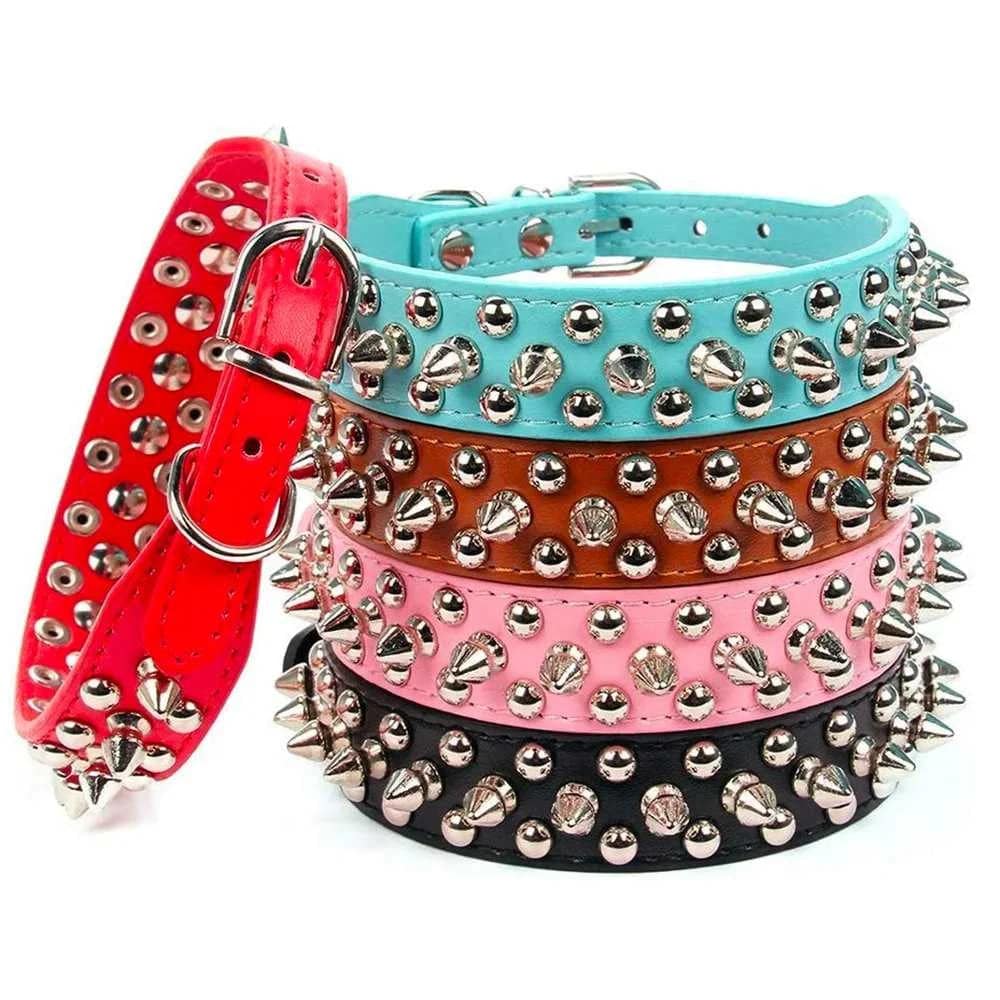 Black Adjustable Leather Dog Collar Neck Strap PU Leather Punk Rivet Spiked Pet Puppy Collars