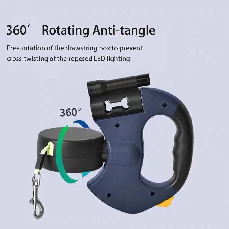 Black Auto Retractable Double-Ended Traction Rope Dual Dog Leash 360-Degree Rotating With Flashlight & Garbage Bag Storage