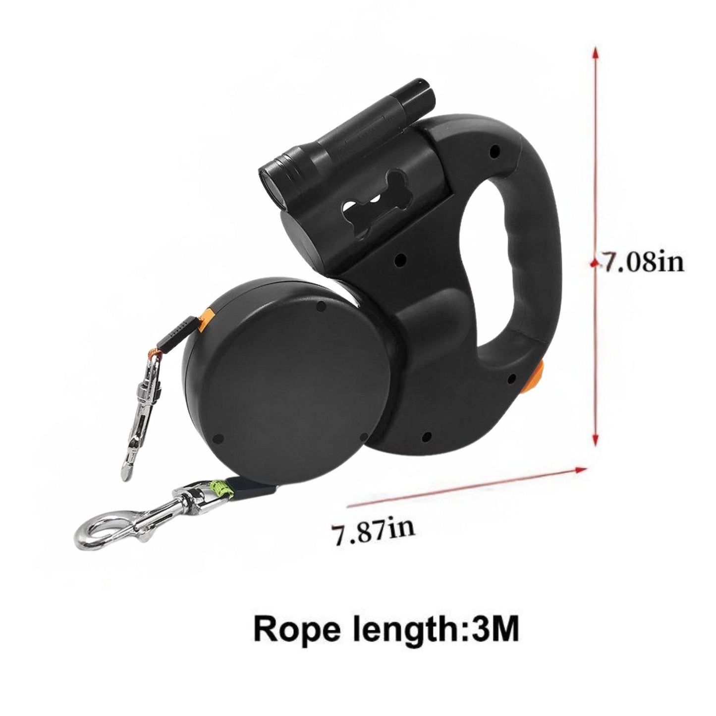 Black Auto Retractable Double-Ended Traction Rope Dual Dog Leash 360-Degree Rotating With Flashlight & Garbage Bag Storage