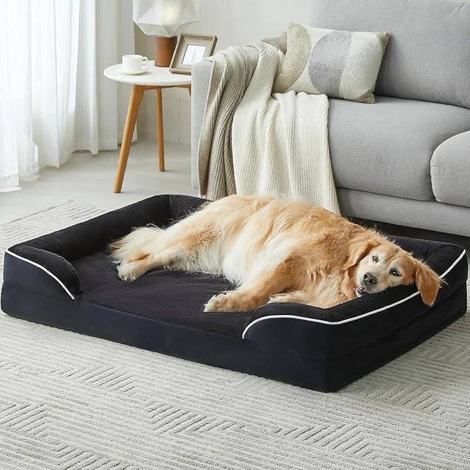 Black Extra Large Bolster Dog Bed with Waterproof Lining & Non-Skid Bottom, Washable, Orthopedic Egg Foam Couch, XL 42"x 30"x 7"