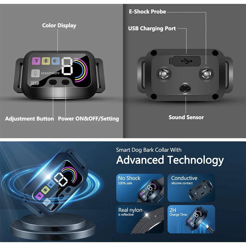 Black Smart Anti Barking Collar for Small Medium Large Breed Dogs Rechargeable Puppy Bark Collar with 4 Training Modes & 8 Adjustable Sensitivity