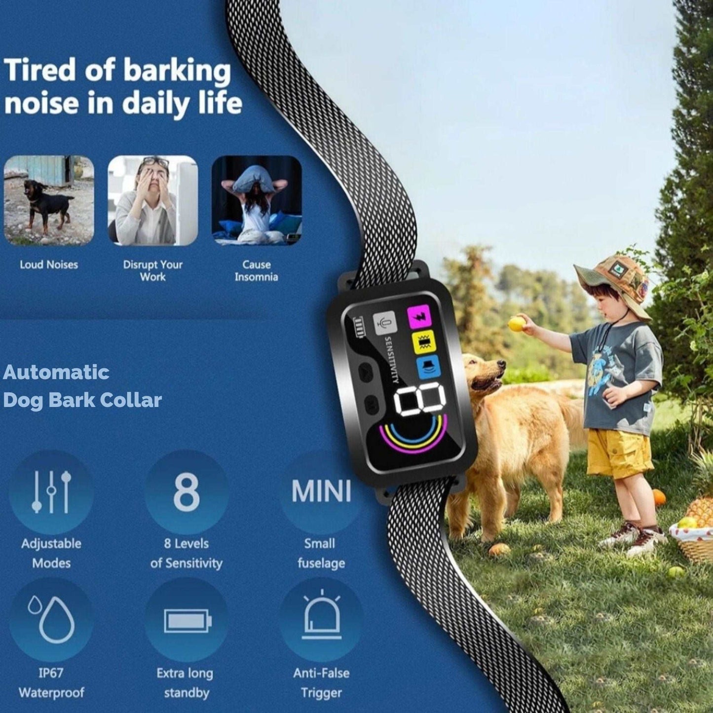 Black Smart Anti Barking Collar for Small Medium Large Breed Dogs Rechargeable Puppy Bark Collar with 4 Training Modes & 8 Adjustable Sensitivity