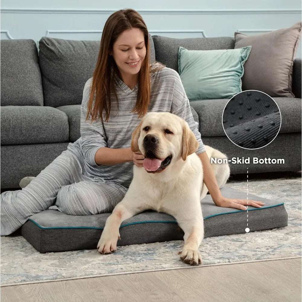 Blue Orthopedic Waterproof Dog Bed with Removable Washable Cover and Nonskid Bottom for Crate, Memory Foam XL Size 41" × 29" × 3.5"