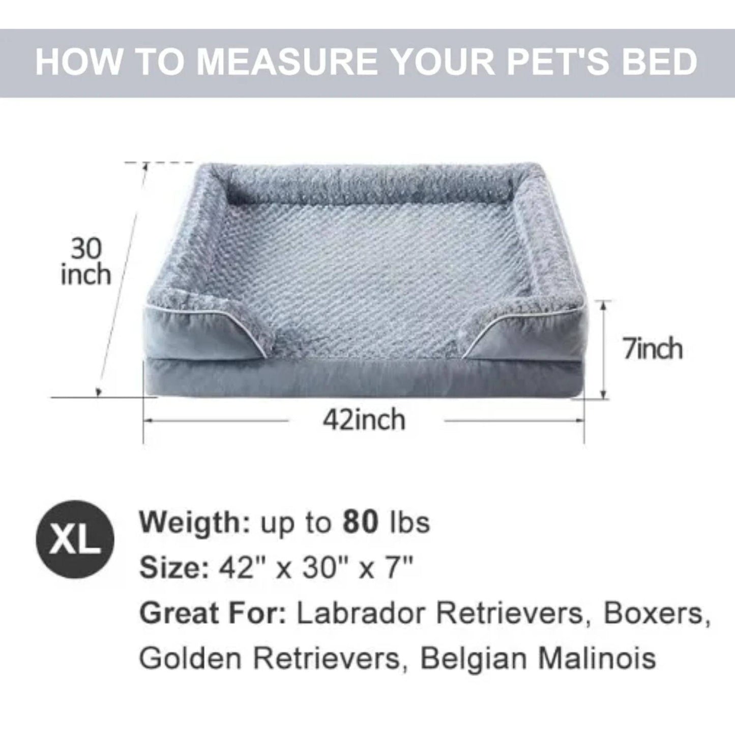 Grey Extra Large Bolster Dog Bed with Waterproof Lining & Non-Skid Bottom, Washable, Orthopedic Egg Foam Couch, XL 42"x 30"x 7"