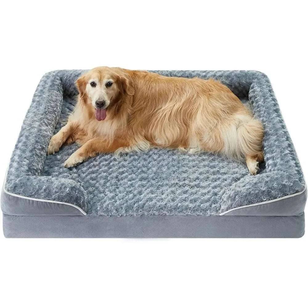 Grey Extra Large Bolster Dog Bed with Waterproof Lining & Non-Skid Bottom, Washable, Orthopedic Egg Foam Couch, XL 42"x 30"x 7"
