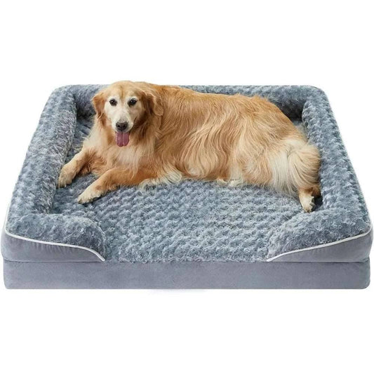 Grey Extra Large Bolster Dog Bed with Waterproof Lining & Non-Skid Bottom, Washable, Orthopedic Egg Foam Couch, XL 42"x 30"x 7"