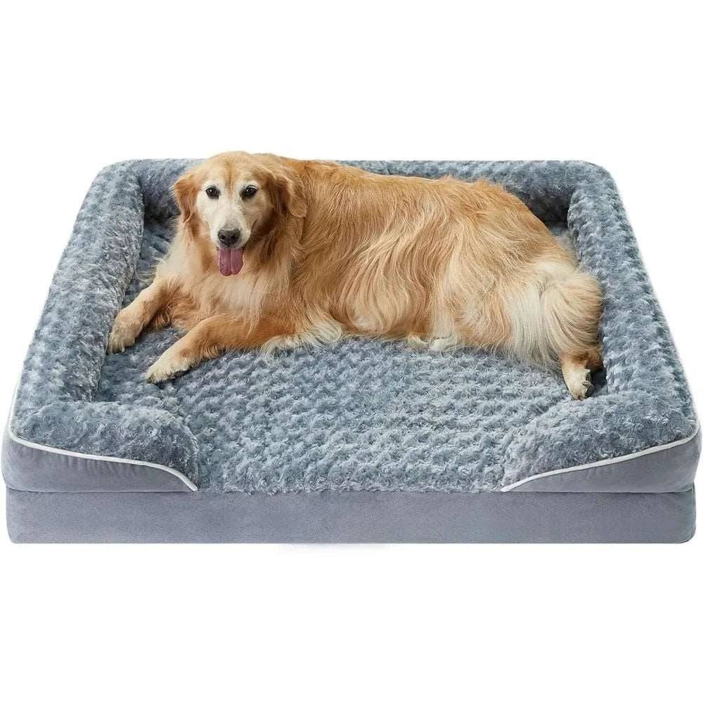 Grey Extra Large Bolster Dog Bed with Waterproof Lining & Non-Skid Bottom, Washable, Orthopedic Egg Foam Couch, XL 42"x 30"x 7"