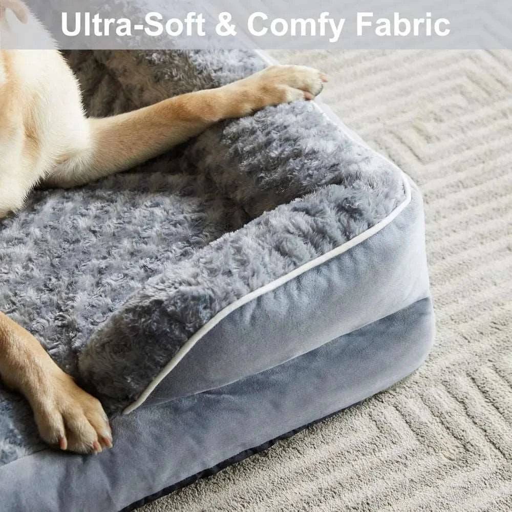 Grey Extra Large Bolster Dog Bed with Waterproof Lining & Non-Skid Bottom, Washable, Orthopedic Egg Foam Couch, XL 42"x 30"x 7"