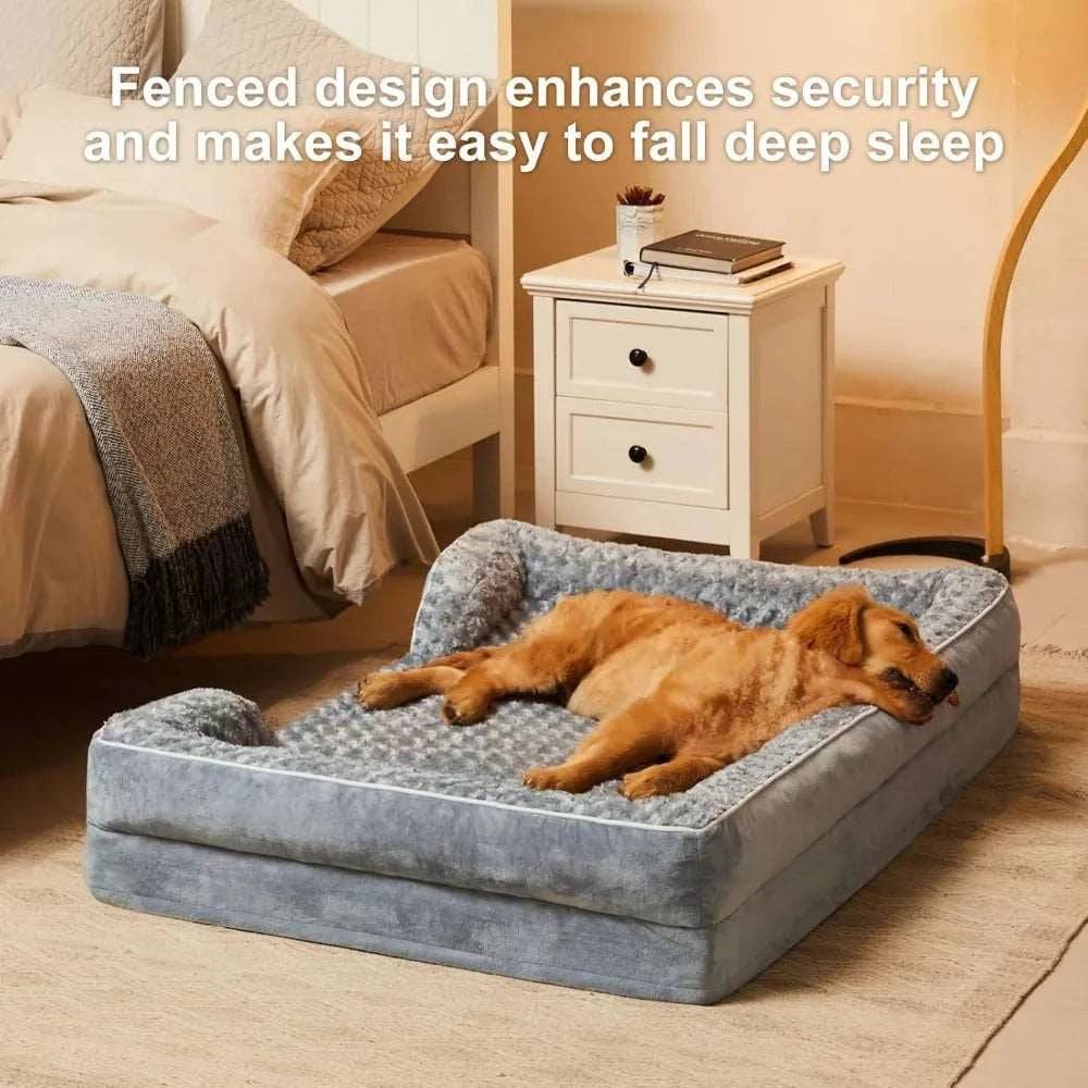Grey Extra Large Bolster Dog Bed with Waterproof Lining & Non-Skid Bottom, Washable, Orthopedic Egg Foam Couch, XL 42"x 30"x 7"