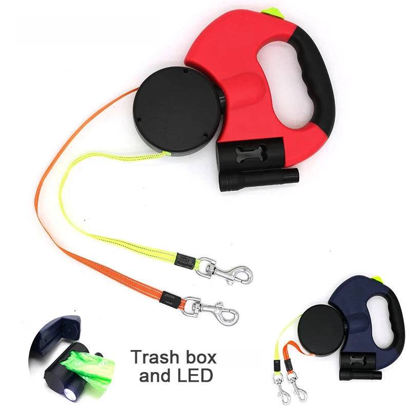 Red Auto Retractable Double-Ended Traction Rope Dual Dog Leash 360-Degree Rotating With Flashlight & Garbage Bag Storage
