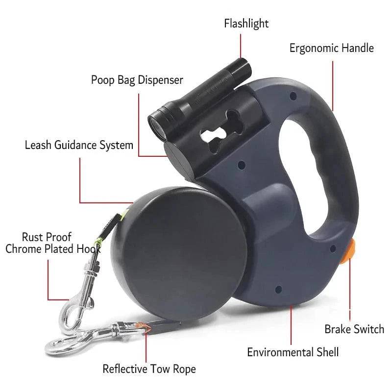 Red Auto Retractable Double-Ended Traction Rope Dual Dog Leash 360-Degree Rotating With Flashlight & Garbage Bag Storage