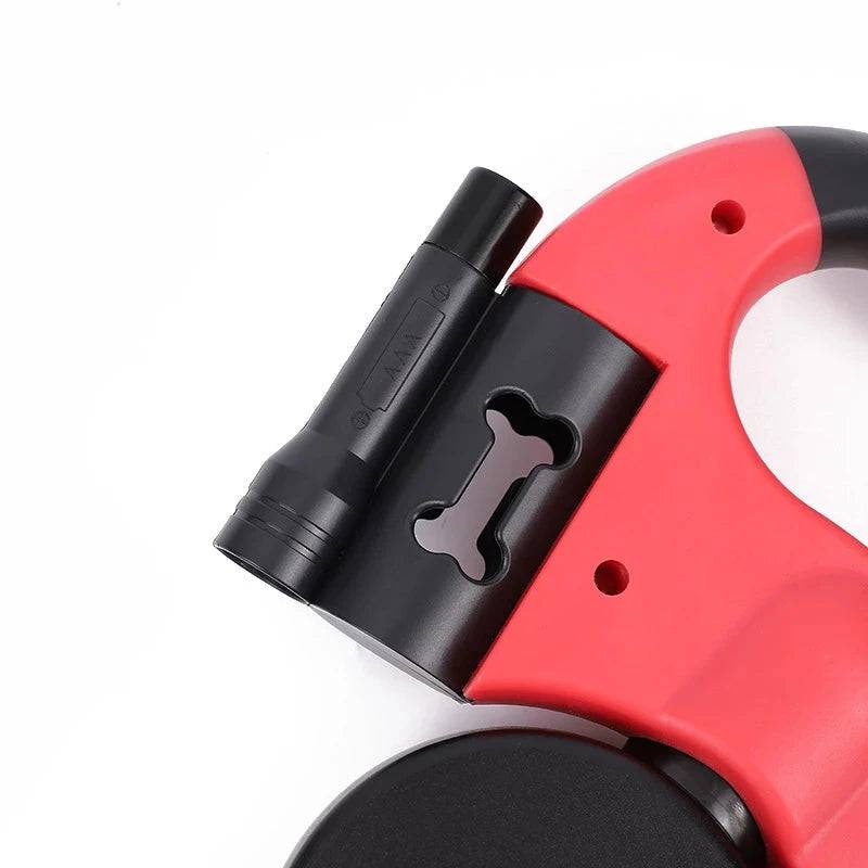 Red Auto Retractable Double-Ended Traction Rope Dual Dog Leash 360-Degree Rotating With Flashlight & Garbage Bag Storage