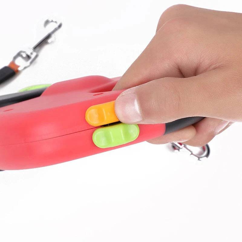 Red Auto Retractable Double-Ended Traction Rope Dual Dog Leash 360-Degree Rotating With Flashlight & Garbage Bag Storage