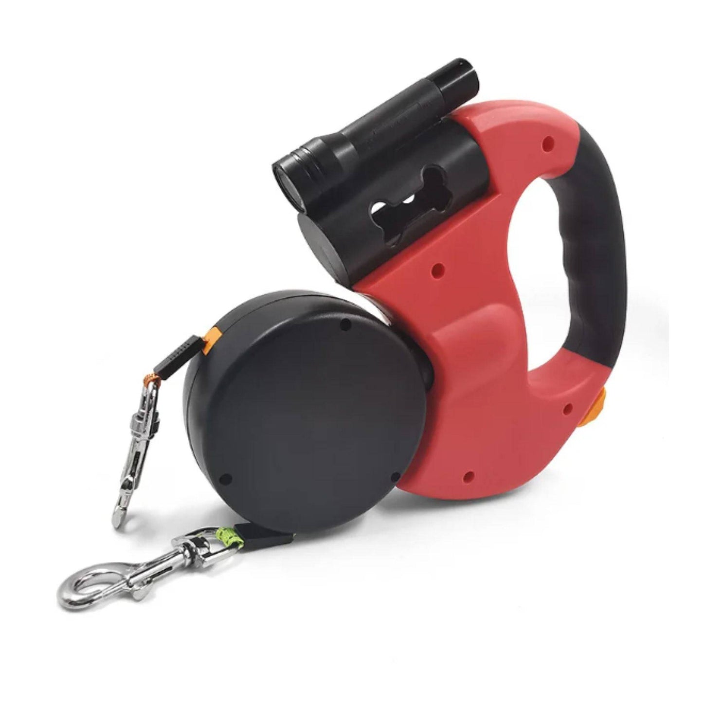 Red Auto Retractable Double-Ended Traction Rope Dual Dog Leash 360-Degree Rotating With Flashlight & Garbage Bag Storage