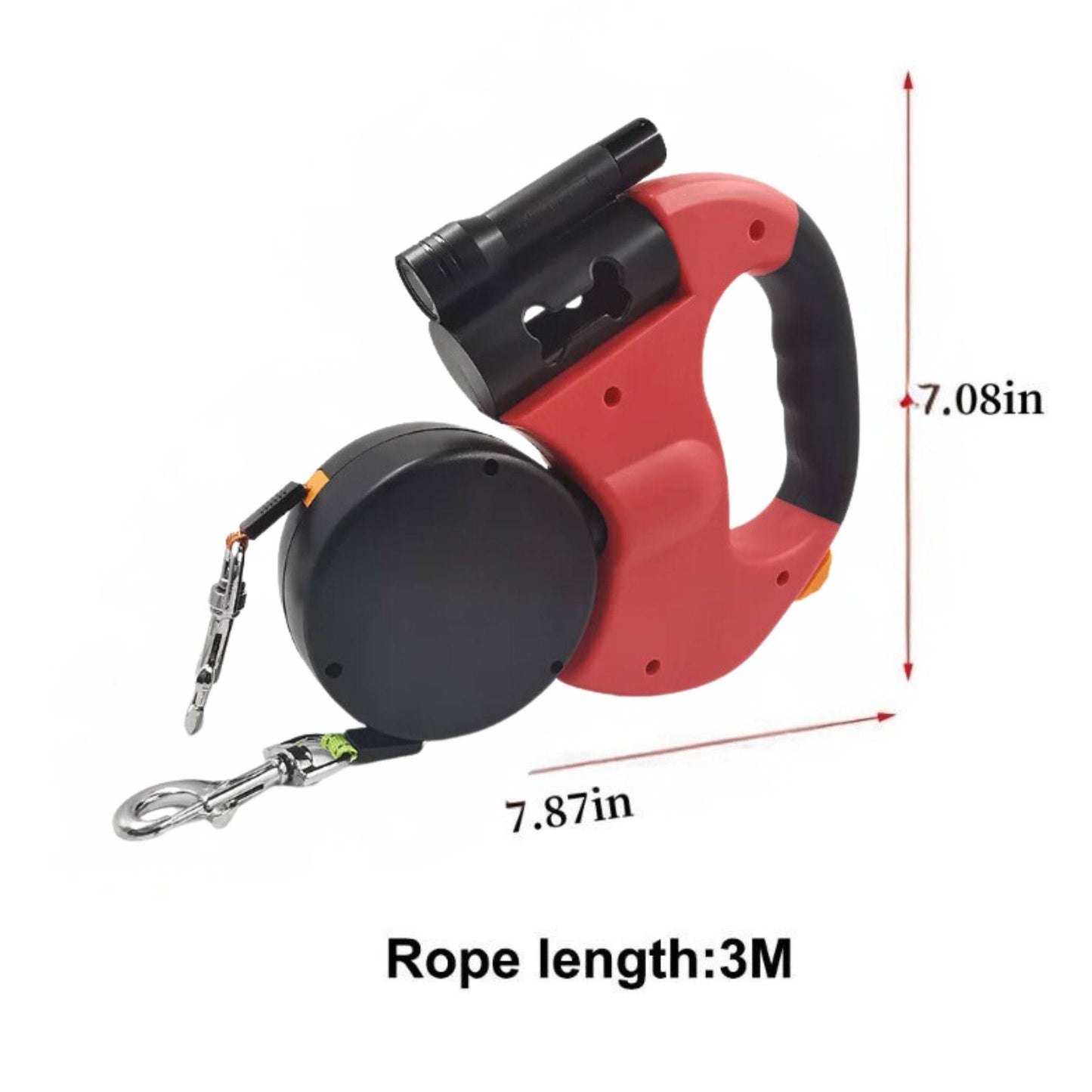 Red Auto Retractable Double-Ended Traction Rope Dual Dog Leash 360-Degree Rotating With Flashlight & Garbage Bag Storage