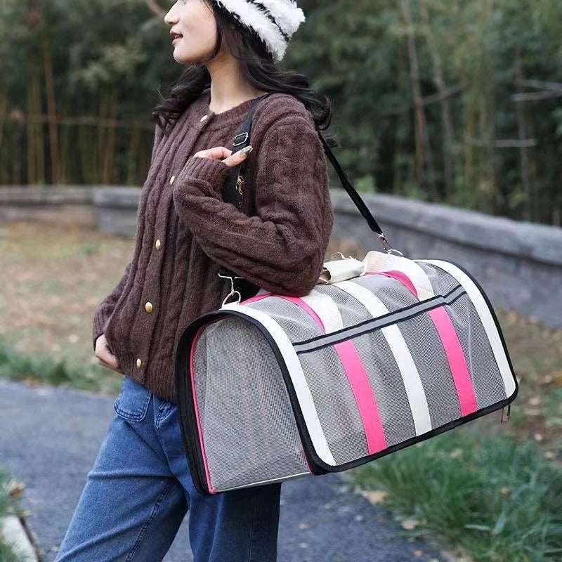 Rose Red Pet Carrying Bag Large Capacity Portable Breathable Shoulder Bag For Outdoor Use Suitable For All Seasons