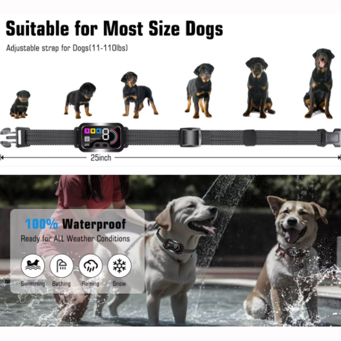 Black Smart Anti Barking Collar for Small Medium Large Breed Dogs Rechargeable Puppy Bark Collar with 4 Training Modes & 8 Adjustable Sensitivity