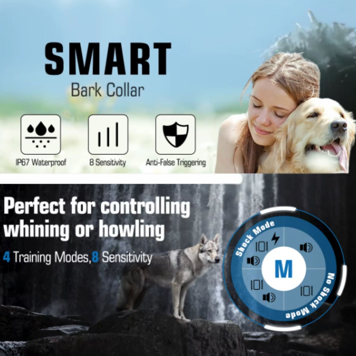 Black Smart Anti Barking Collar for Small Medium Large Breed Dogs Rechargeable Puppy Bark Collar with 4 Training Modes & 8 Adjustable Sensitivity