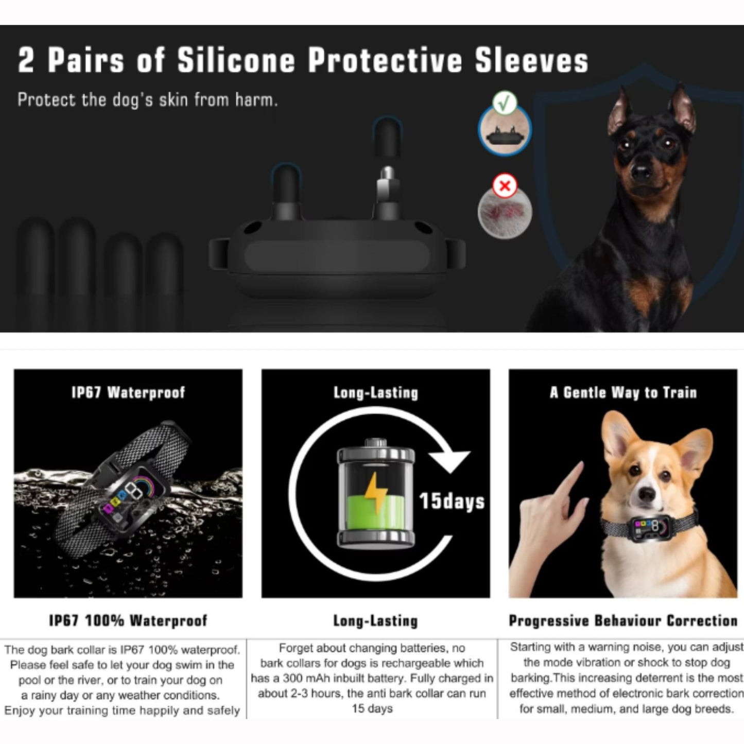 Black Smart Anti Barking Collar for Small Medium Large Breed Dogs Rechargeable Puppy Bark Collar with 4 Training Modes & 8 Adjustable Sensitivity